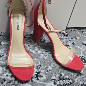 Fashion Nova Red Suede Block Heel Sandals with Clear Toe Strap